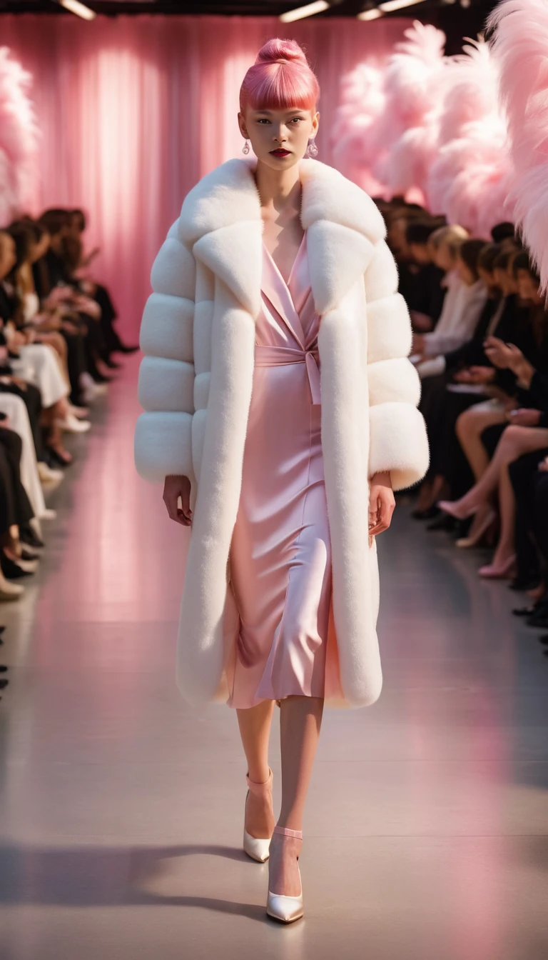 Mujer en la pasarela con vestido rosa en un desfile de moda nocturno