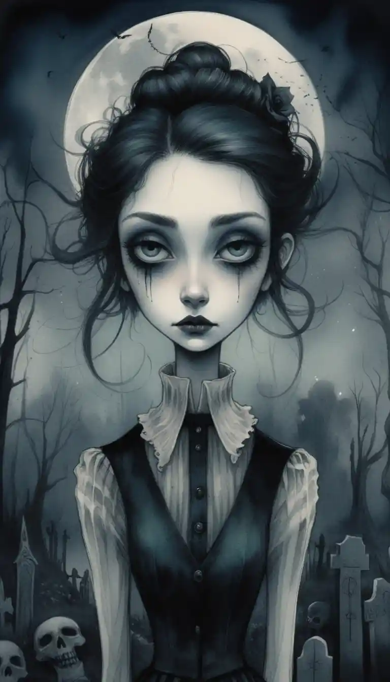 Gothic woman in moonlit haunted graveyard with swirling fog