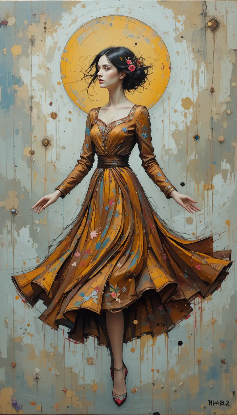 Expressive impasto painting of a gentle woman in vintage dress