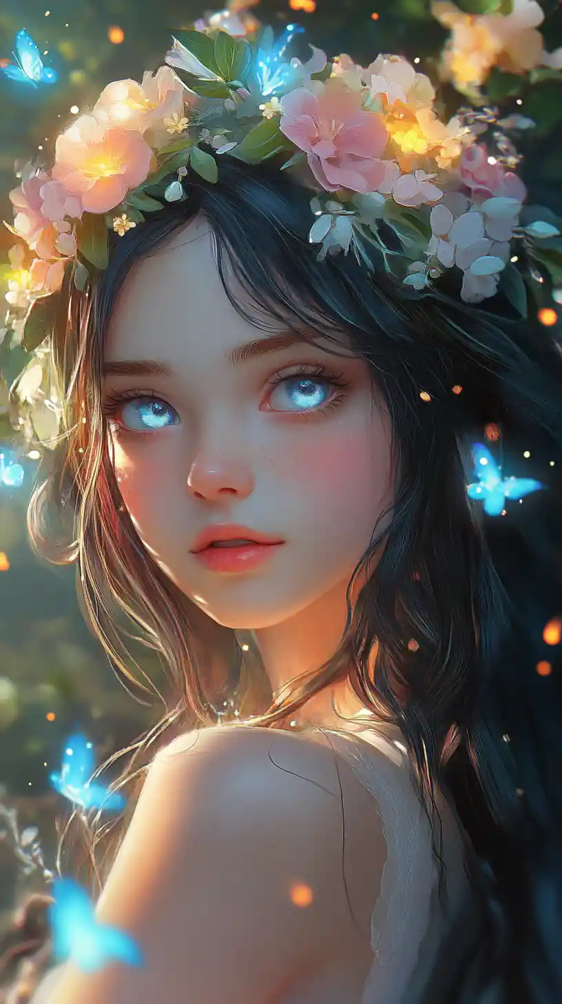 Girl with glowing flower crown in enchanted night forest
