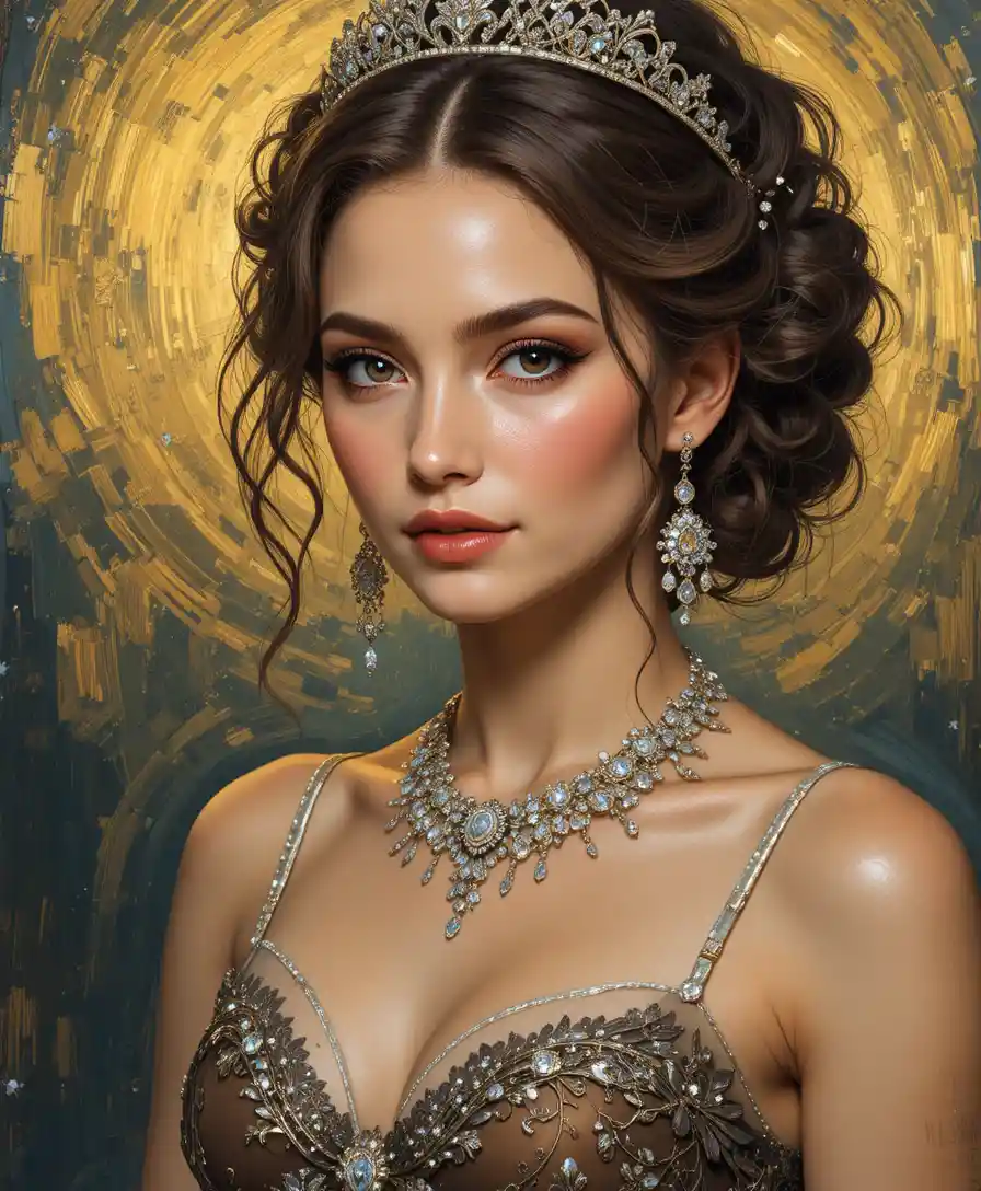 Elegant woman in tiara and gown close up portrait