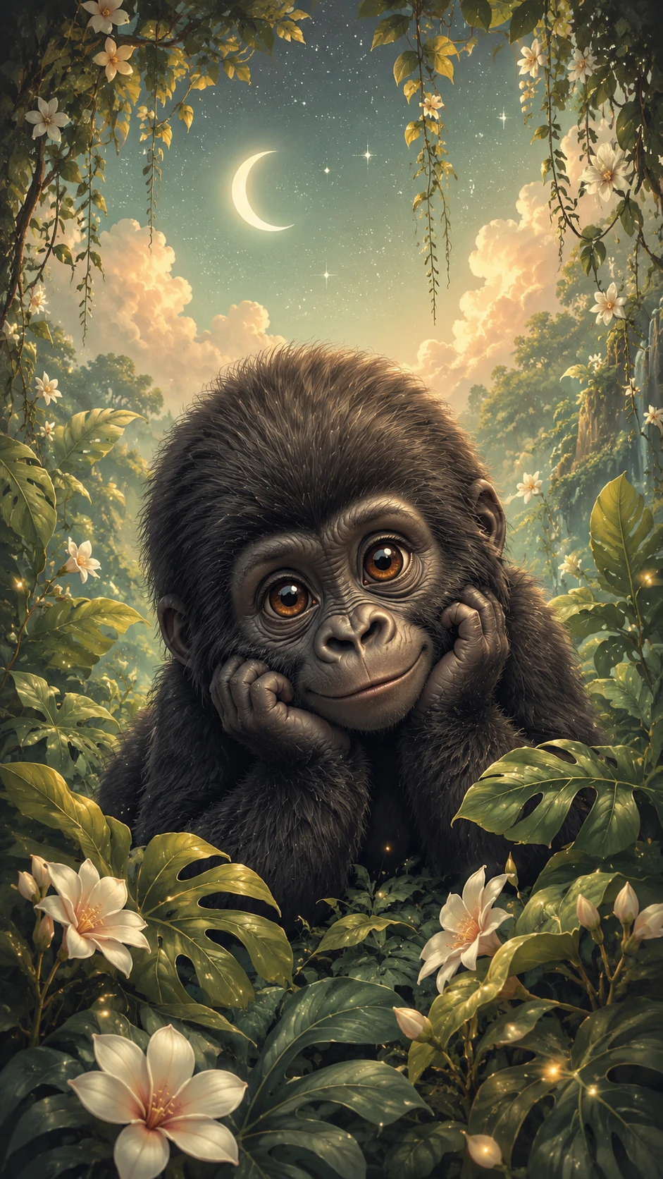 Cute baby gorilla resting in an enchanted jungle night