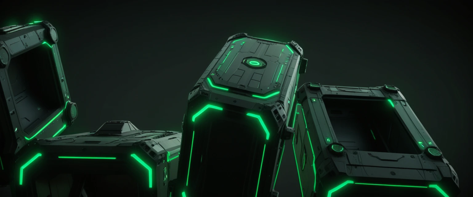 Futuristic Green Anti Gravity Containers On Black Background