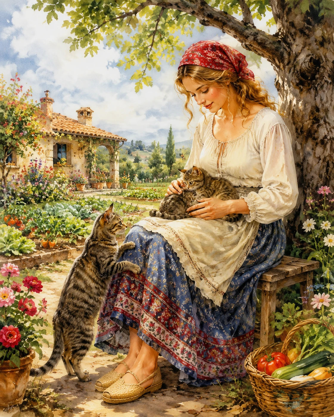 Young woman with kittens resting in a country garden
