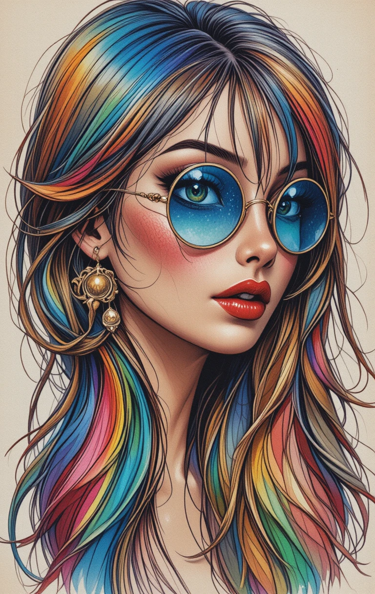 Color pencil portrait of girl with rainbow flowing hair