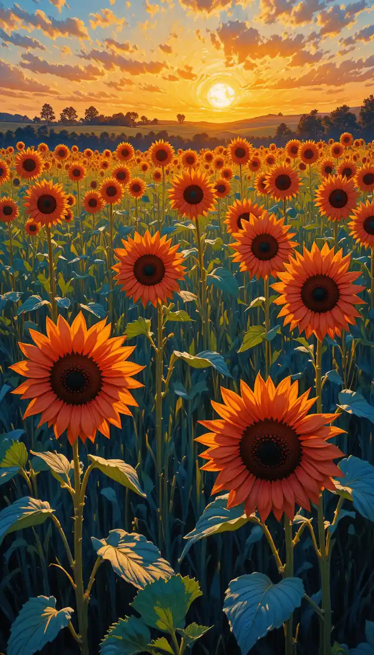 Sonnenblumen im warmen Licht eines sommerlichen Sonnenaufgangs