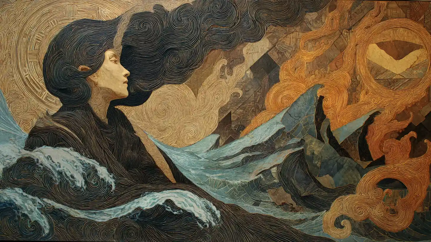 Elemental goddess amid swirling earth water fire and sky