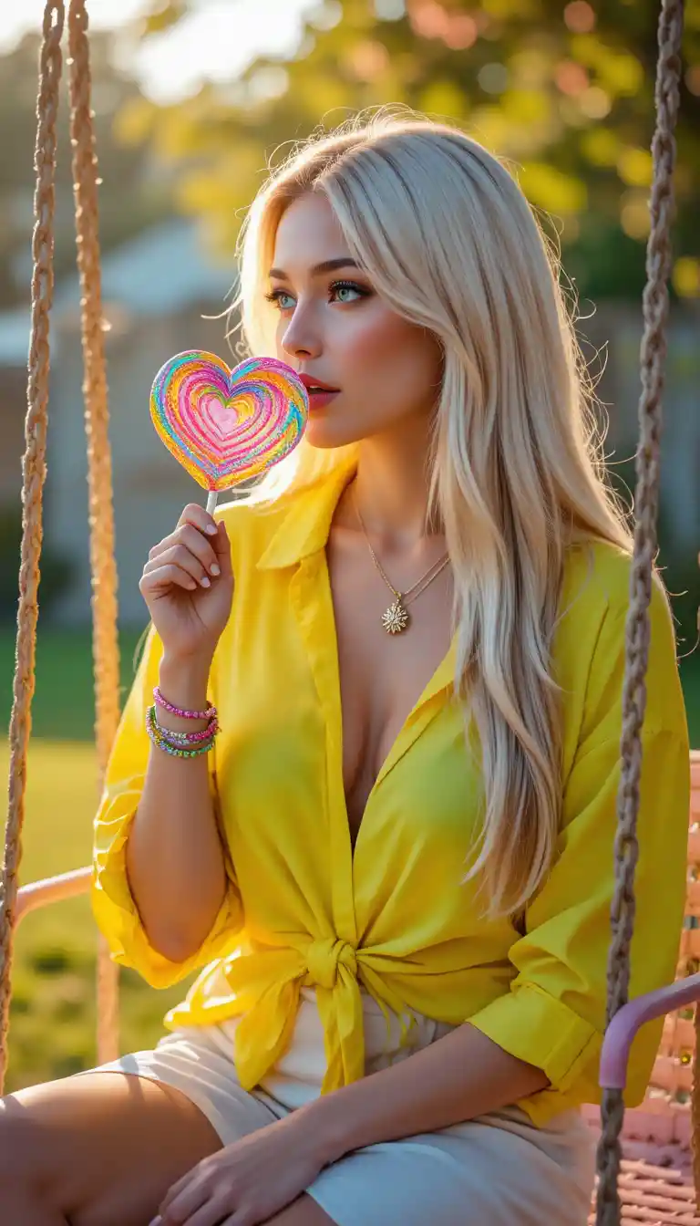 Glamorous woman on summer swing with heart lollipop
