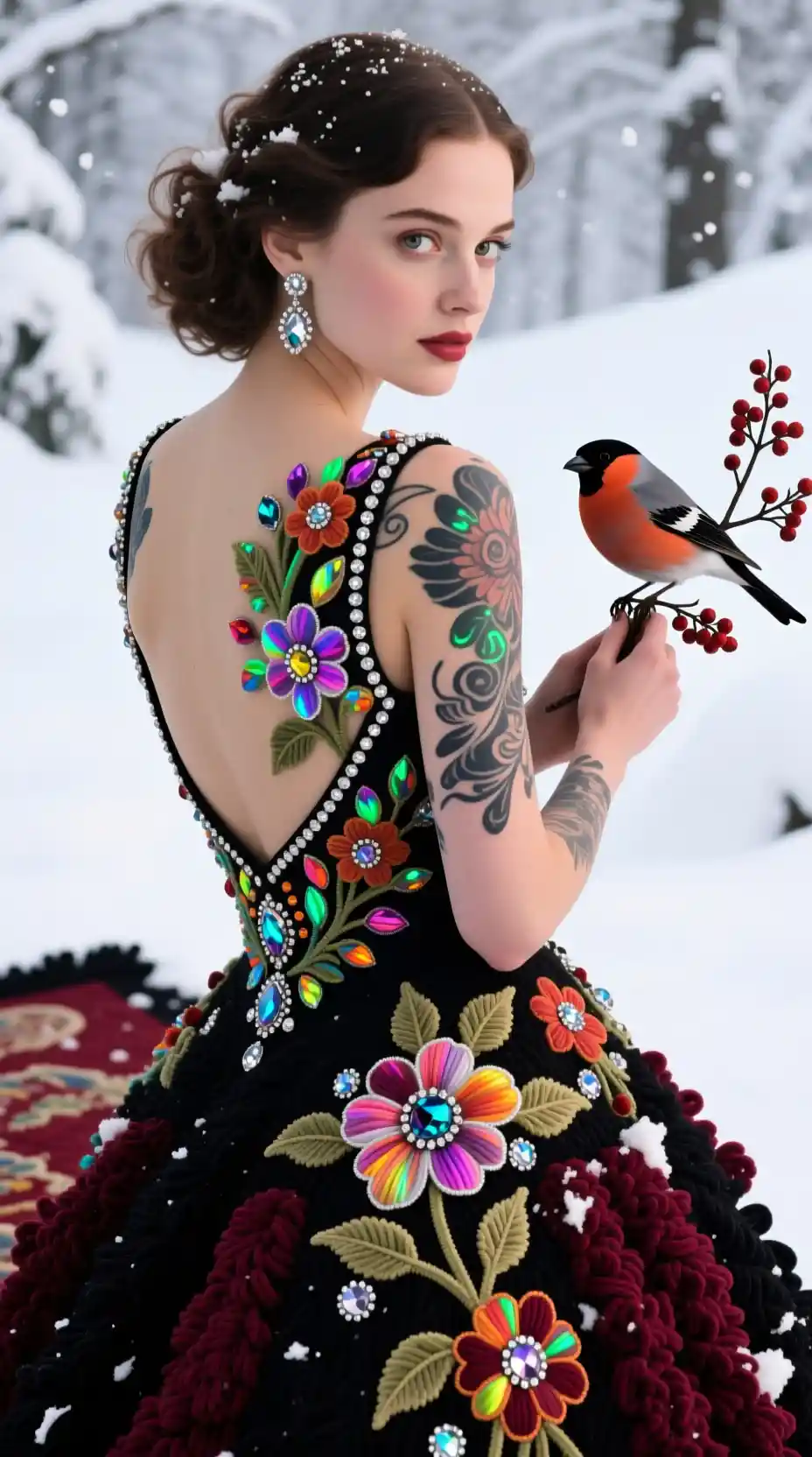 Woman in open back dress with glowing floral tattoo