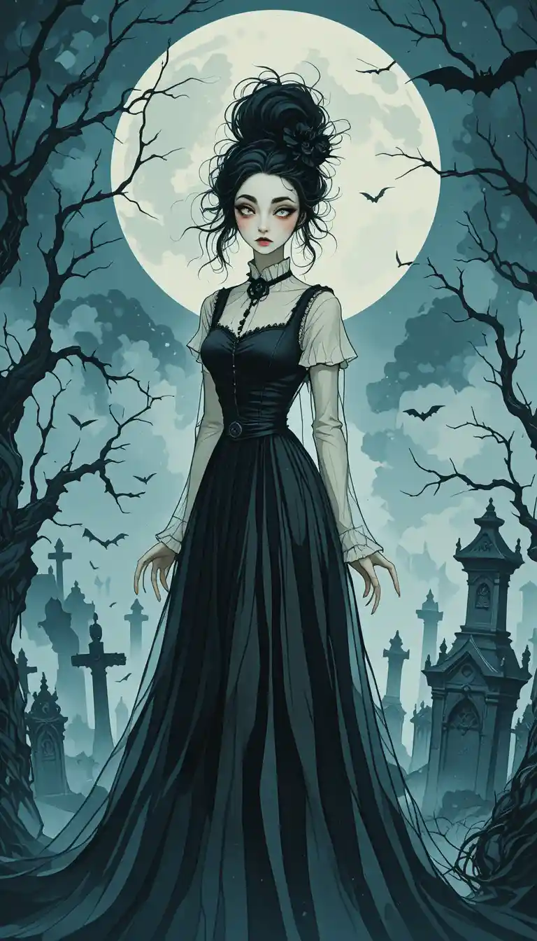 Gothic woman in haunted graveyard under a glowing full moon