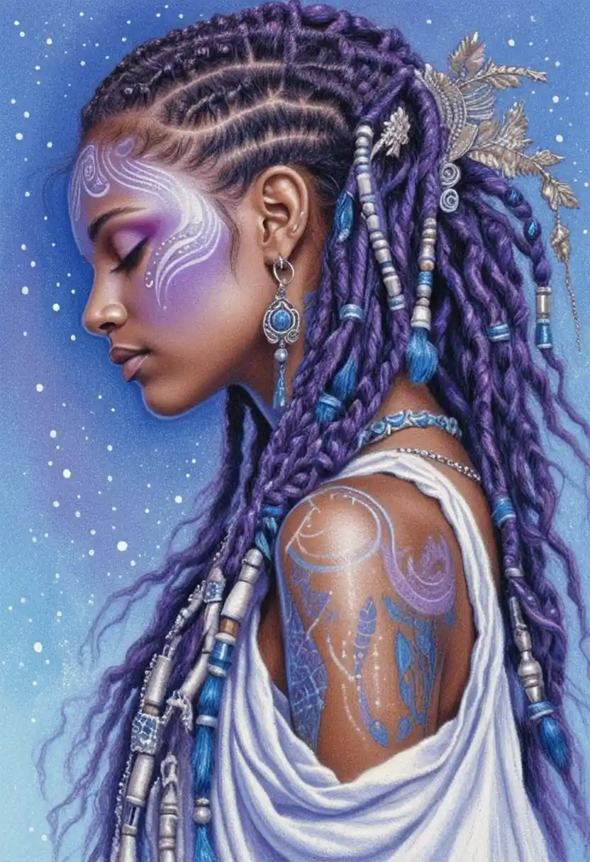 Serene fantasy woman in profile with flowing blue locs