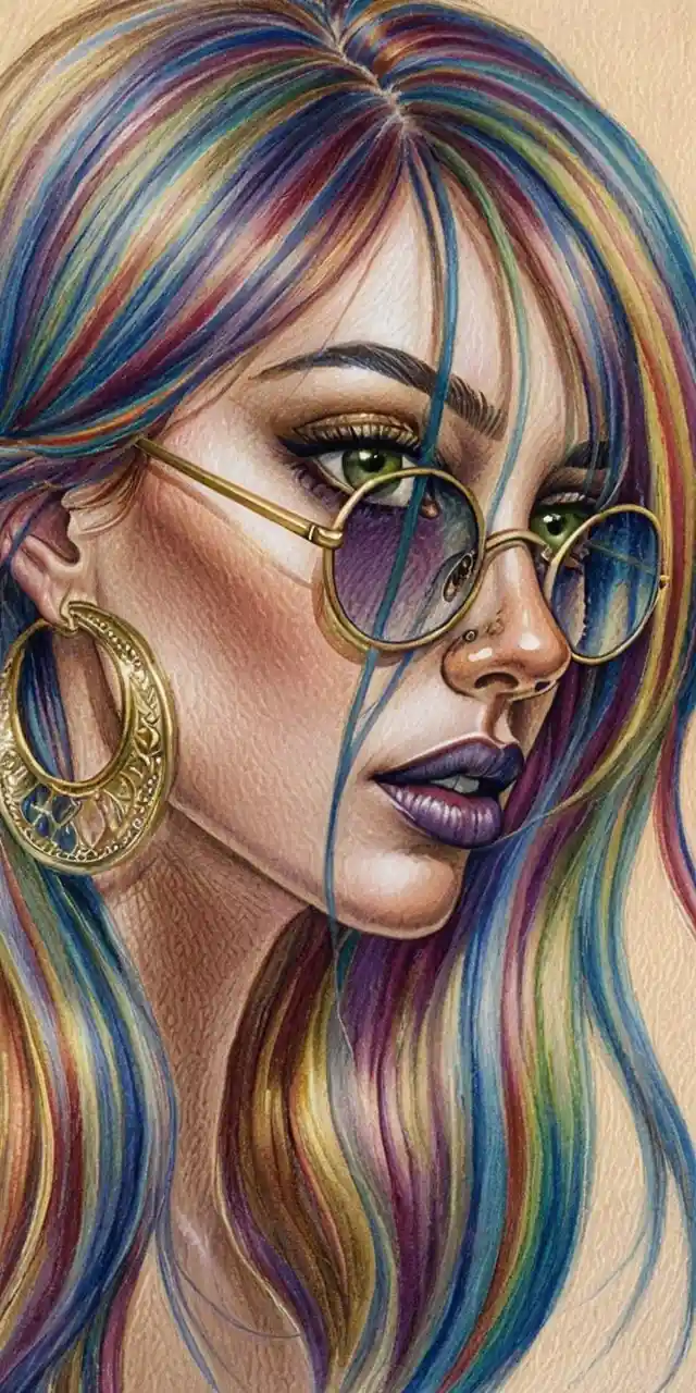 Color pencil portrait of girl with vibrant rainbow hair