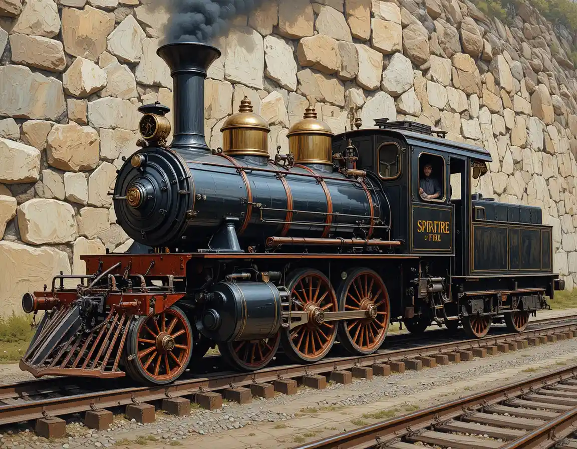 Vintage steam locomotive on tracks before a rocky wall