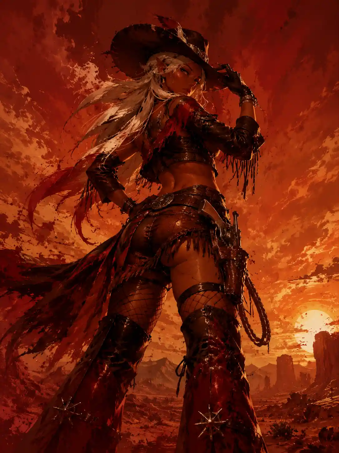 Cowgirl warrior in red desert at dramatic sunset