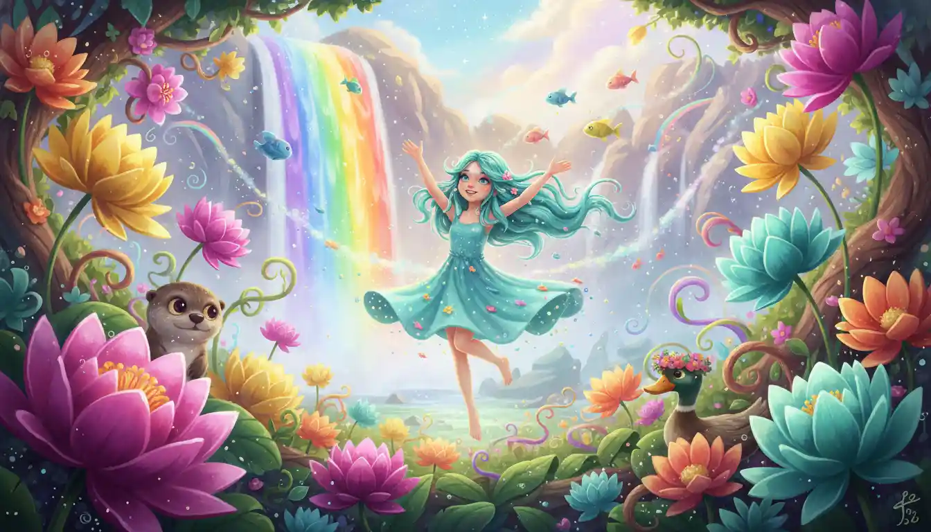 Joyful water sprite dancing in a glowing rainbow grove