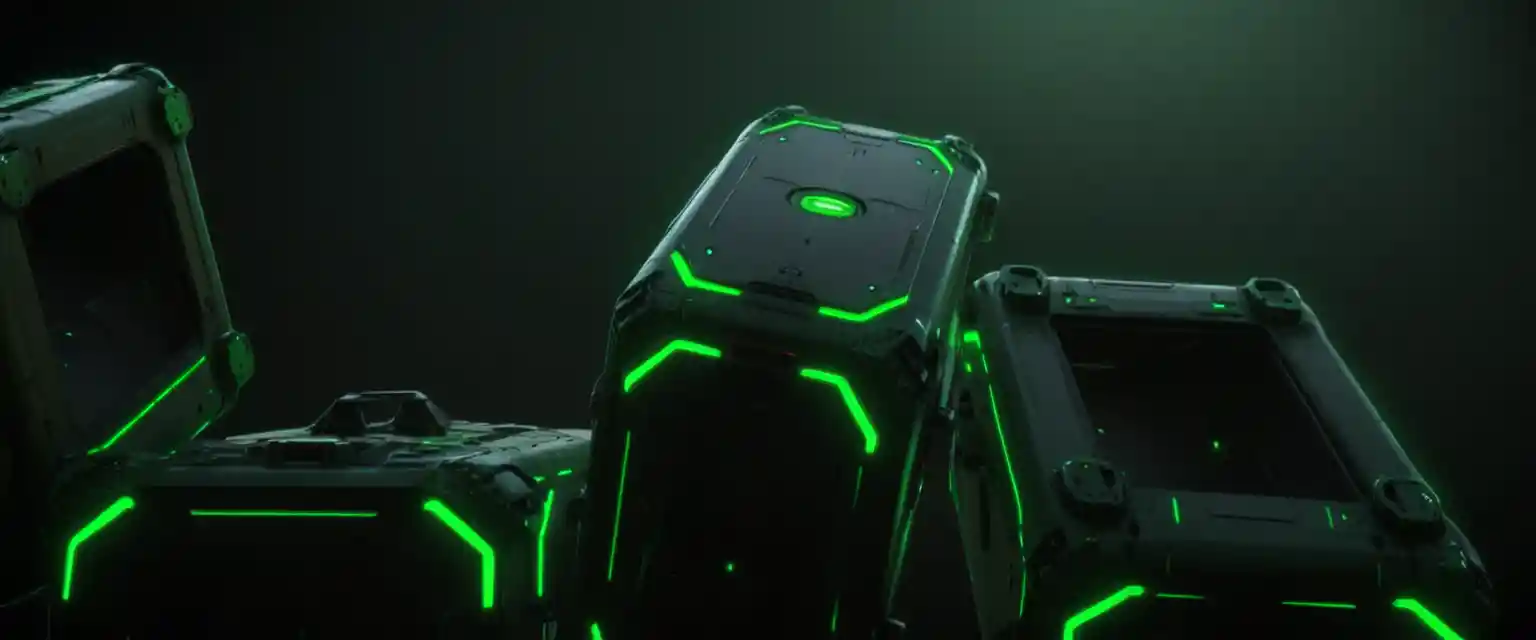 Futuristic green containers with anti gravity sci fi design
