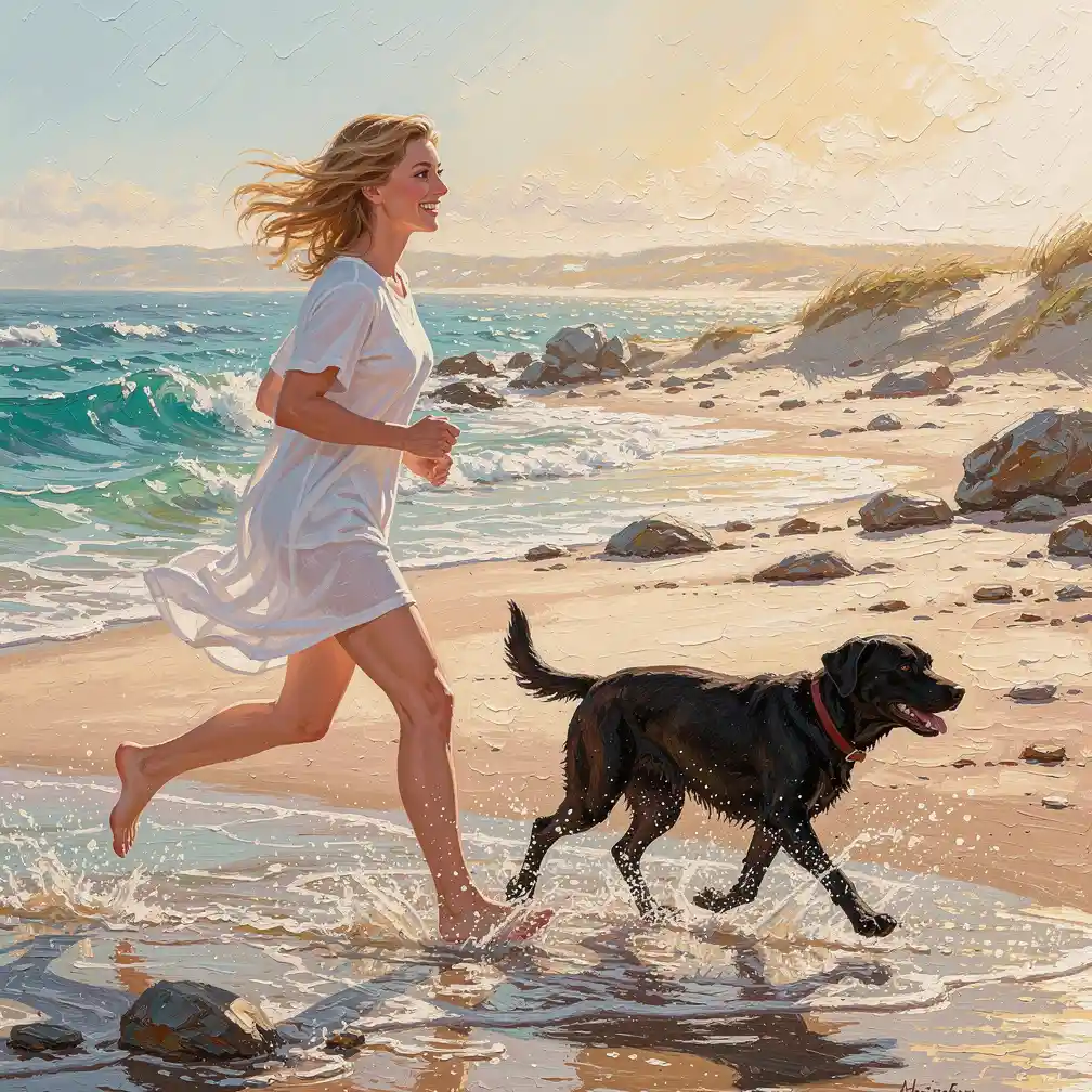 Woman running with black labrador along a wild beach