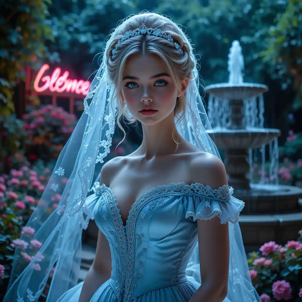 Victorian bride in pale blue gown in lush garden