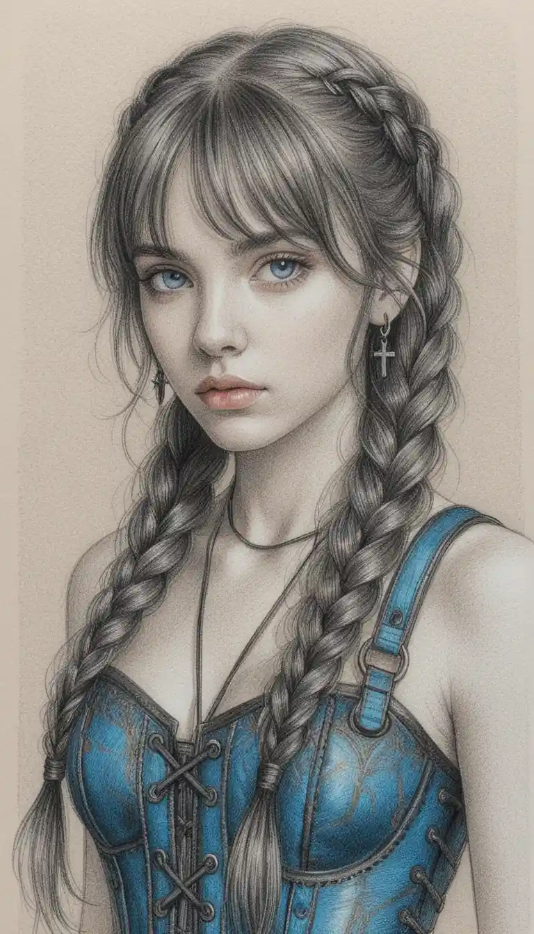 Anime girl in corset with blue braids looking back