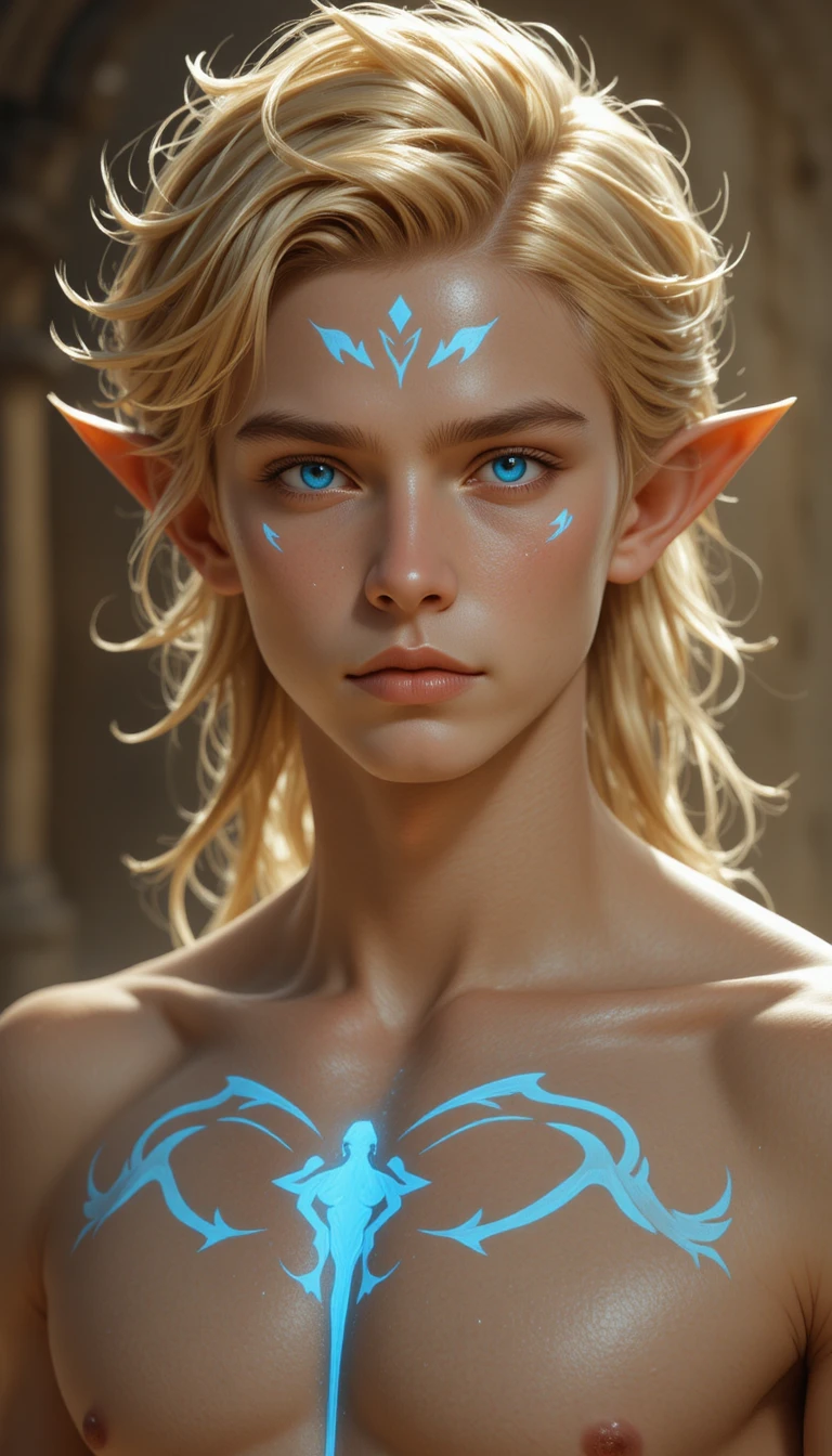 Young angelic warrior with glowing marks and blond hair
