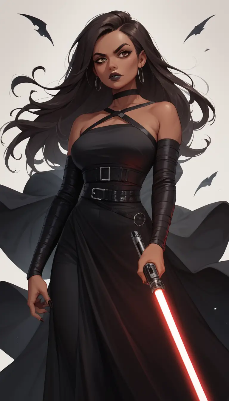 Brown skinned female sith lord with red lightsaber