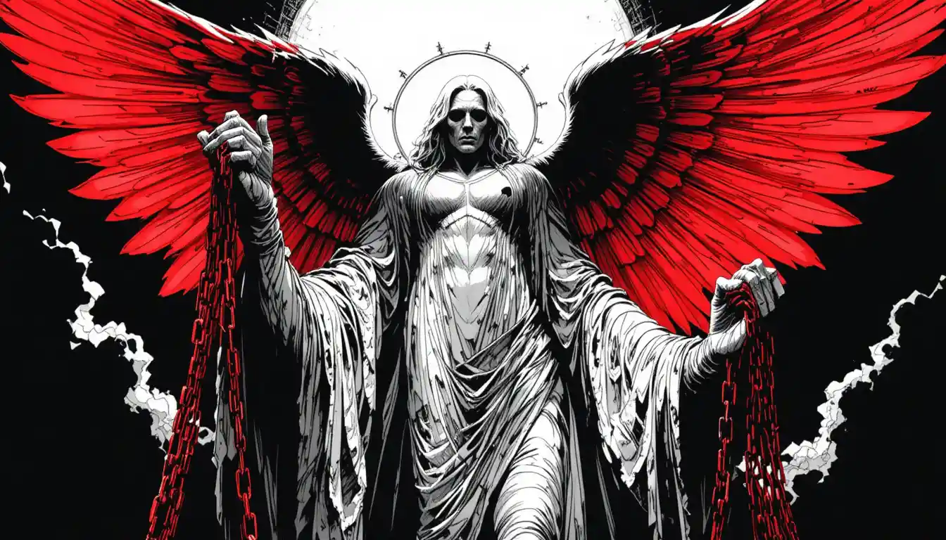 Tall angelic figure with crimson chains in stark contrast