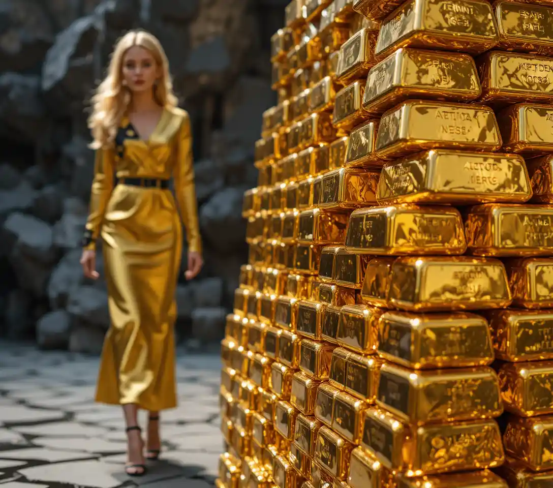 Blonde model in golden evening dress on rocky runway