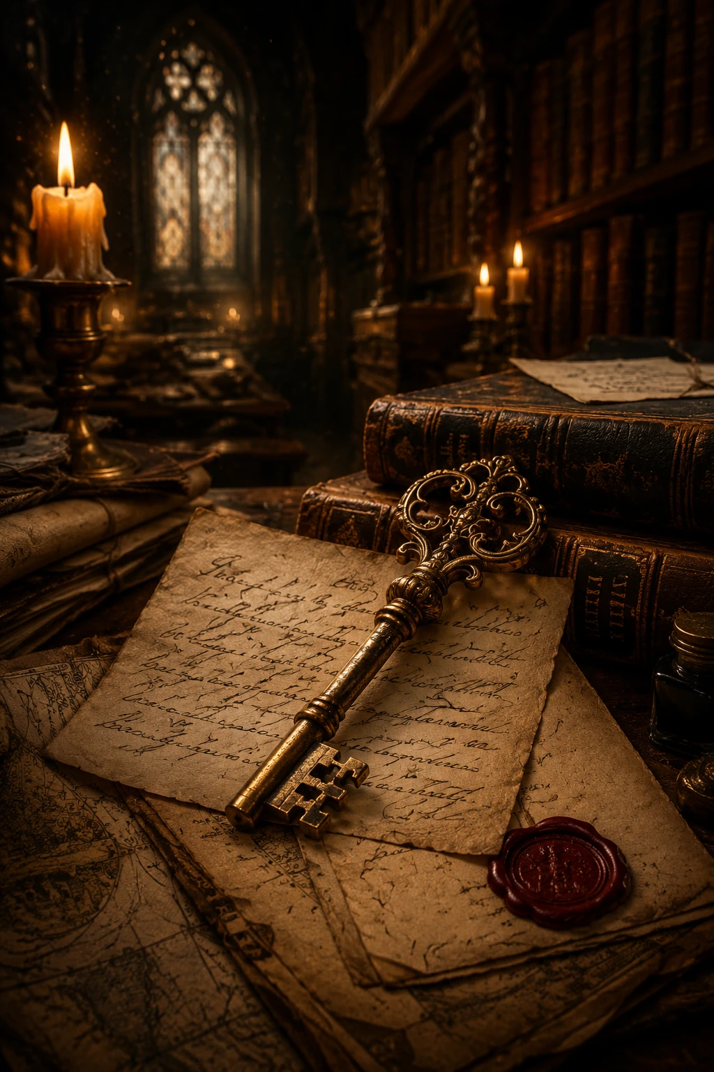 Antique golden key on letters in candlelit library