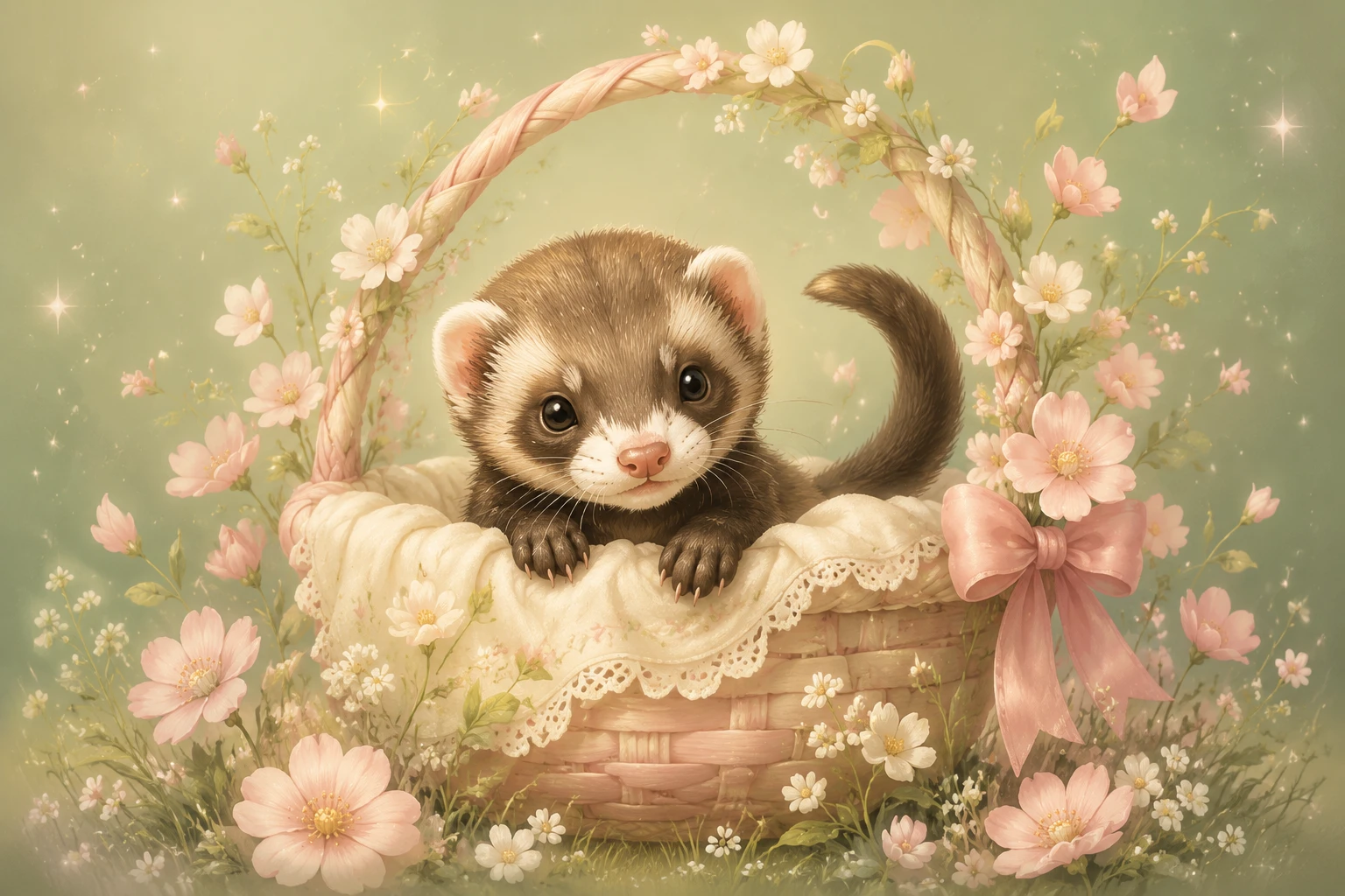 Illustrazione di un dolce cucciolo di furetto che sbuca da un cesto pastello