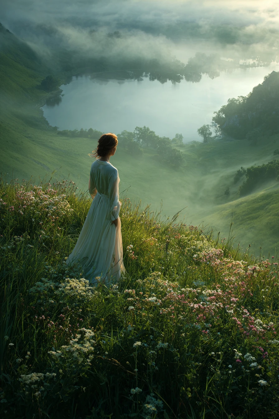 Woman in white gown on a sunrise lakeside hill