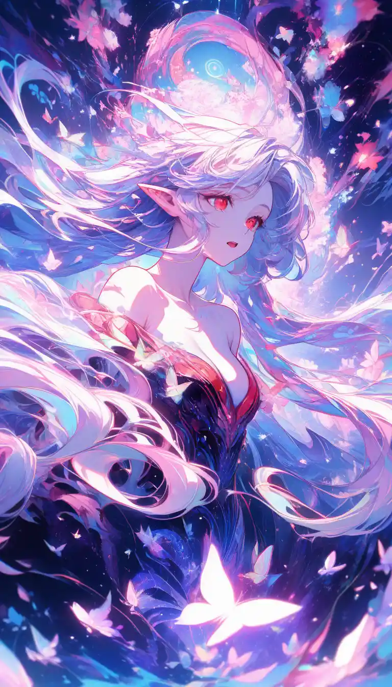 Ethereal Anime Woman In Purple With Glowing Butterflies
