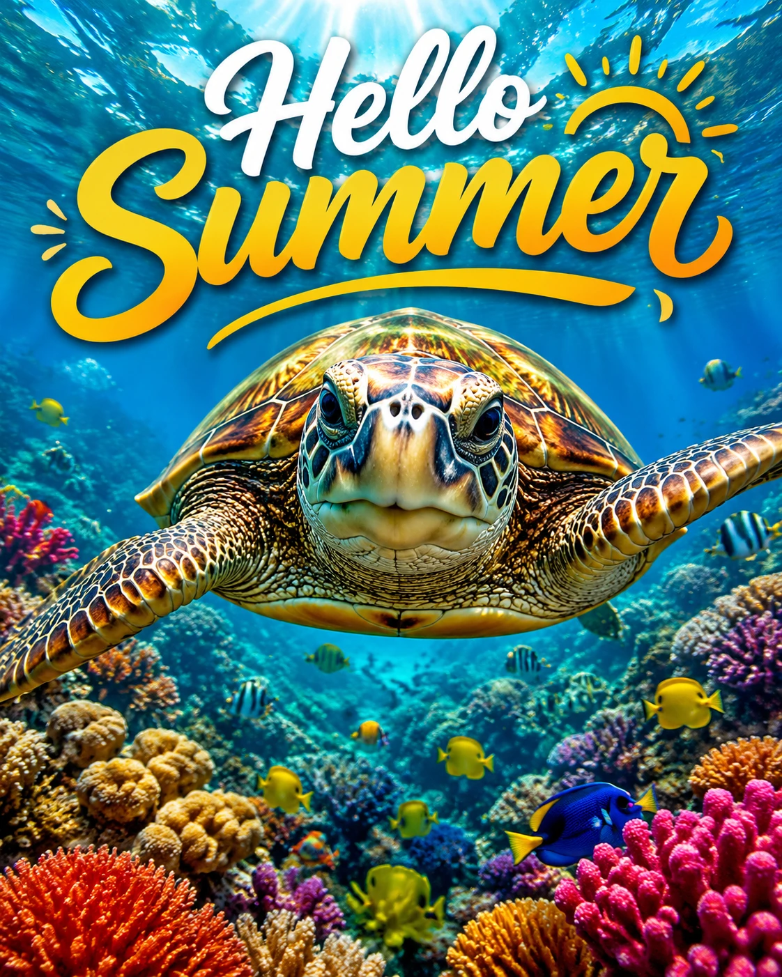 Sea turtle swimming close up over a colorful coral reef
