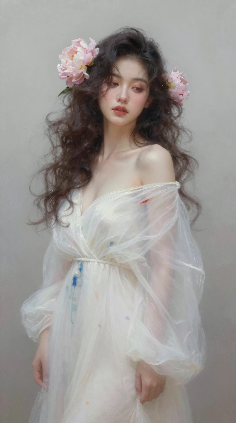 Retrato onírico de una mujer joven con peonías rosas