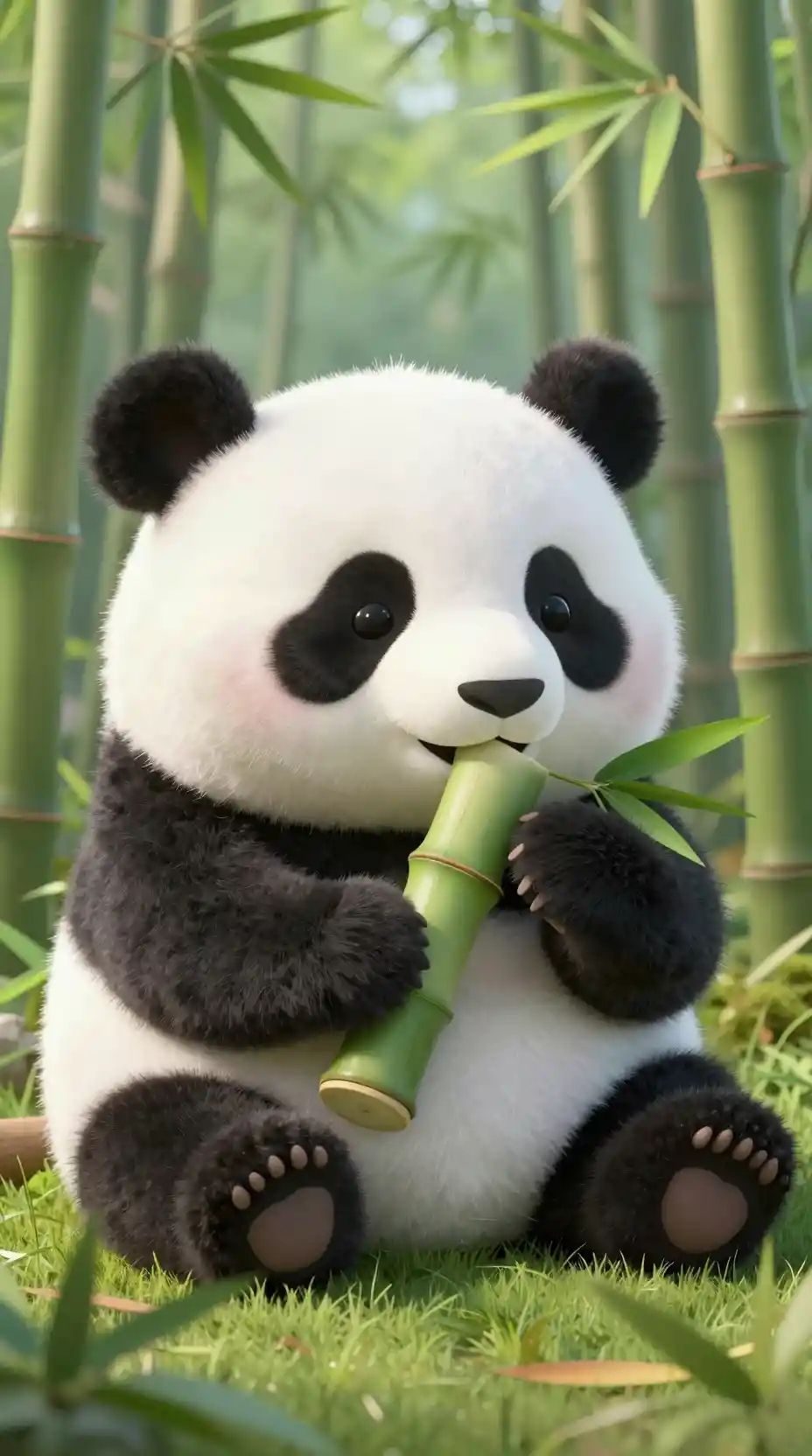 Cute baby panda chewing bamboo in forest illustration