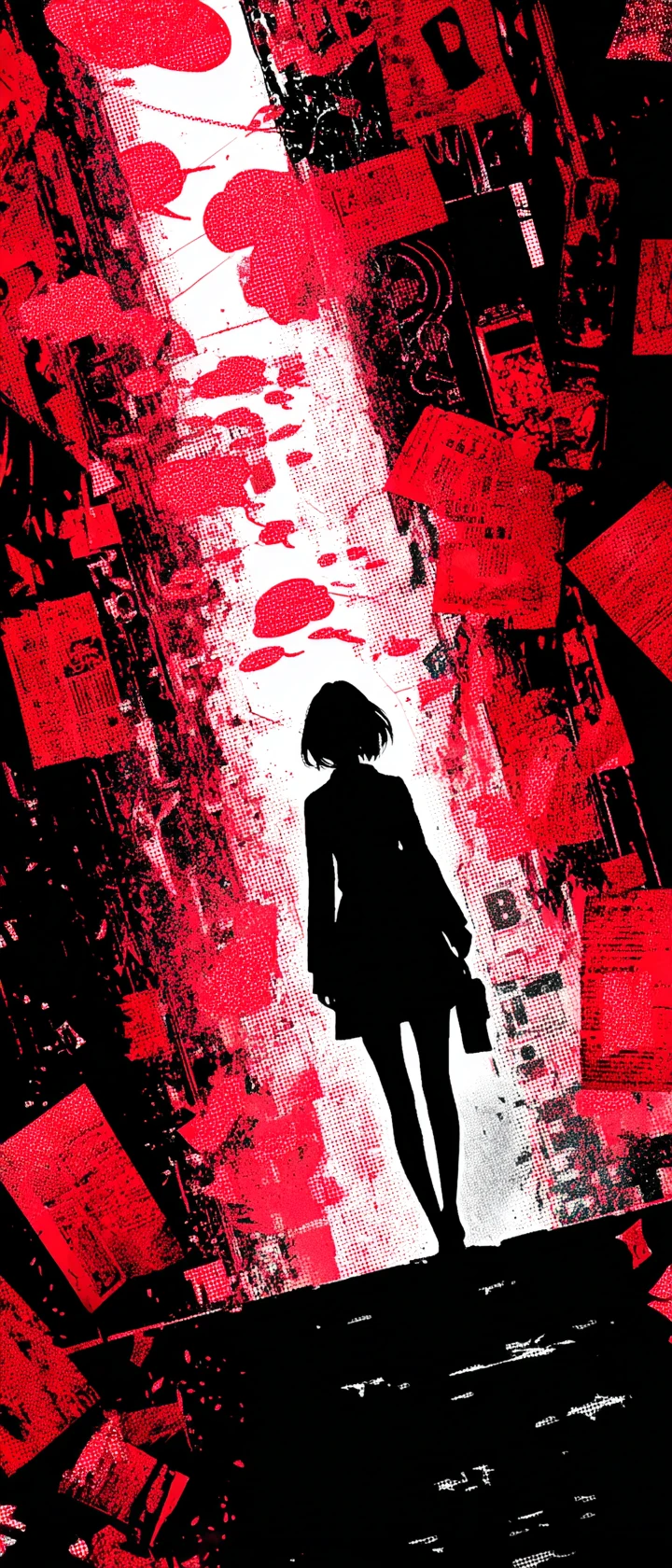 Detective de anime en un callejón oscuro con pistas de pensamientos flotando