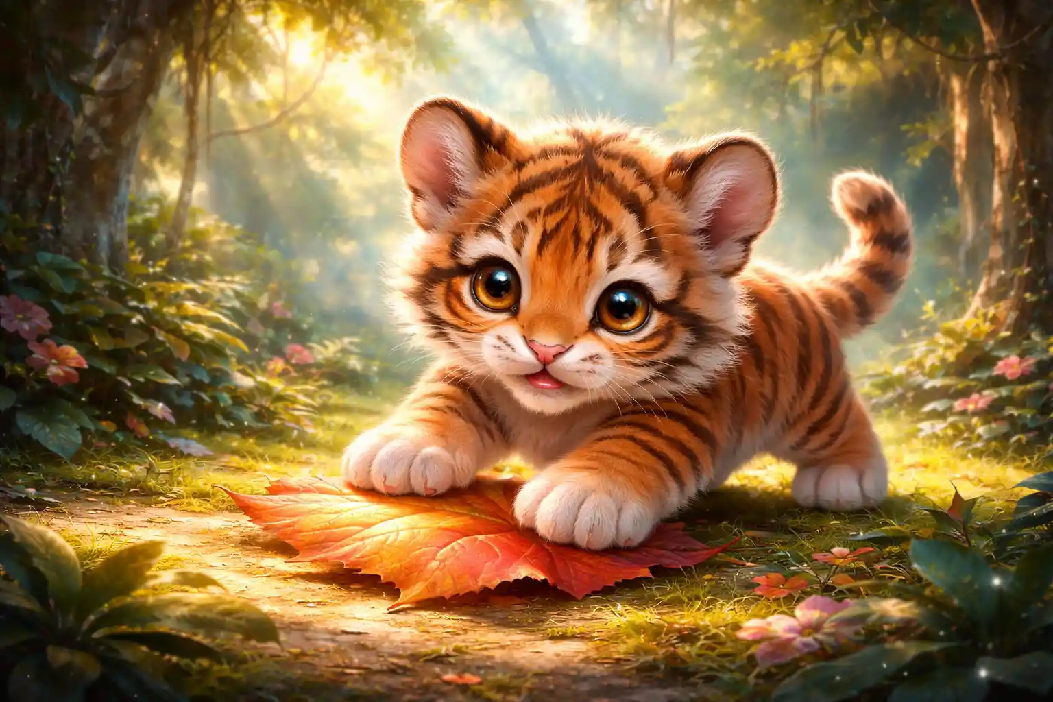 Baby tiger cub playing with a leaf in forest