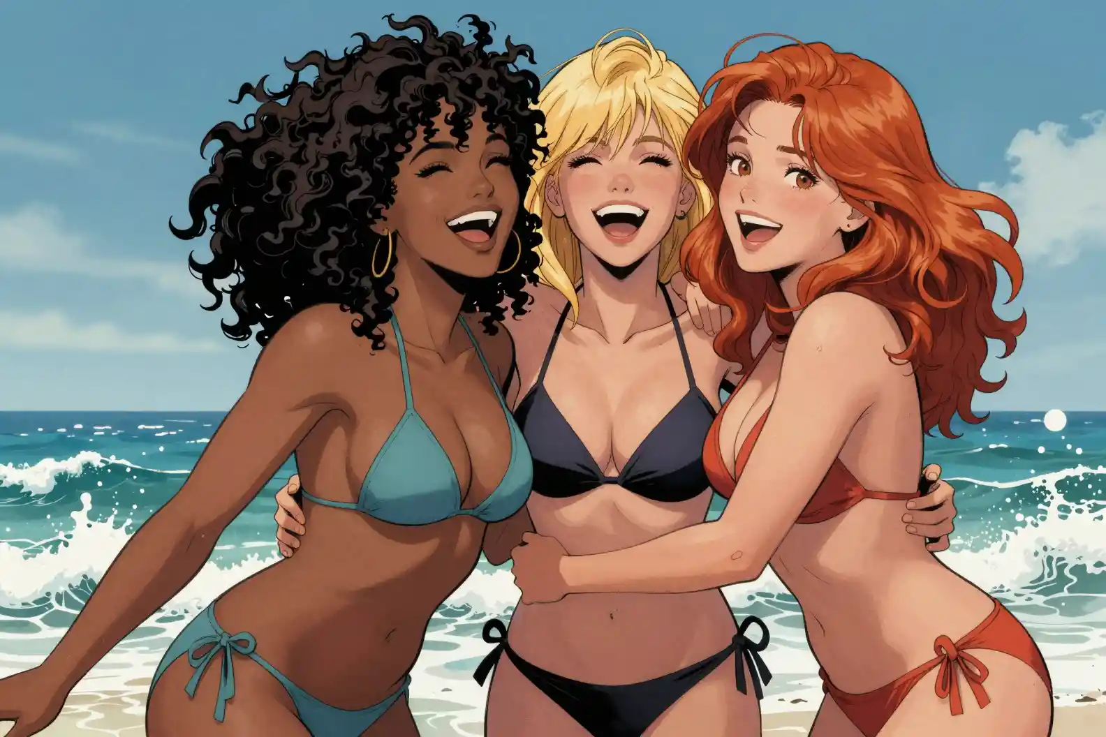 Three women hugging and laughing at the summer beach