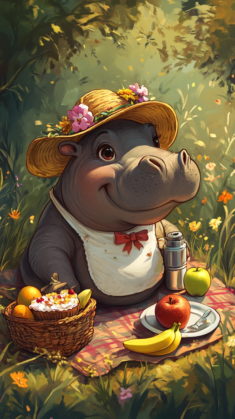 Tierno picnic de hipopótamo en un prado florido