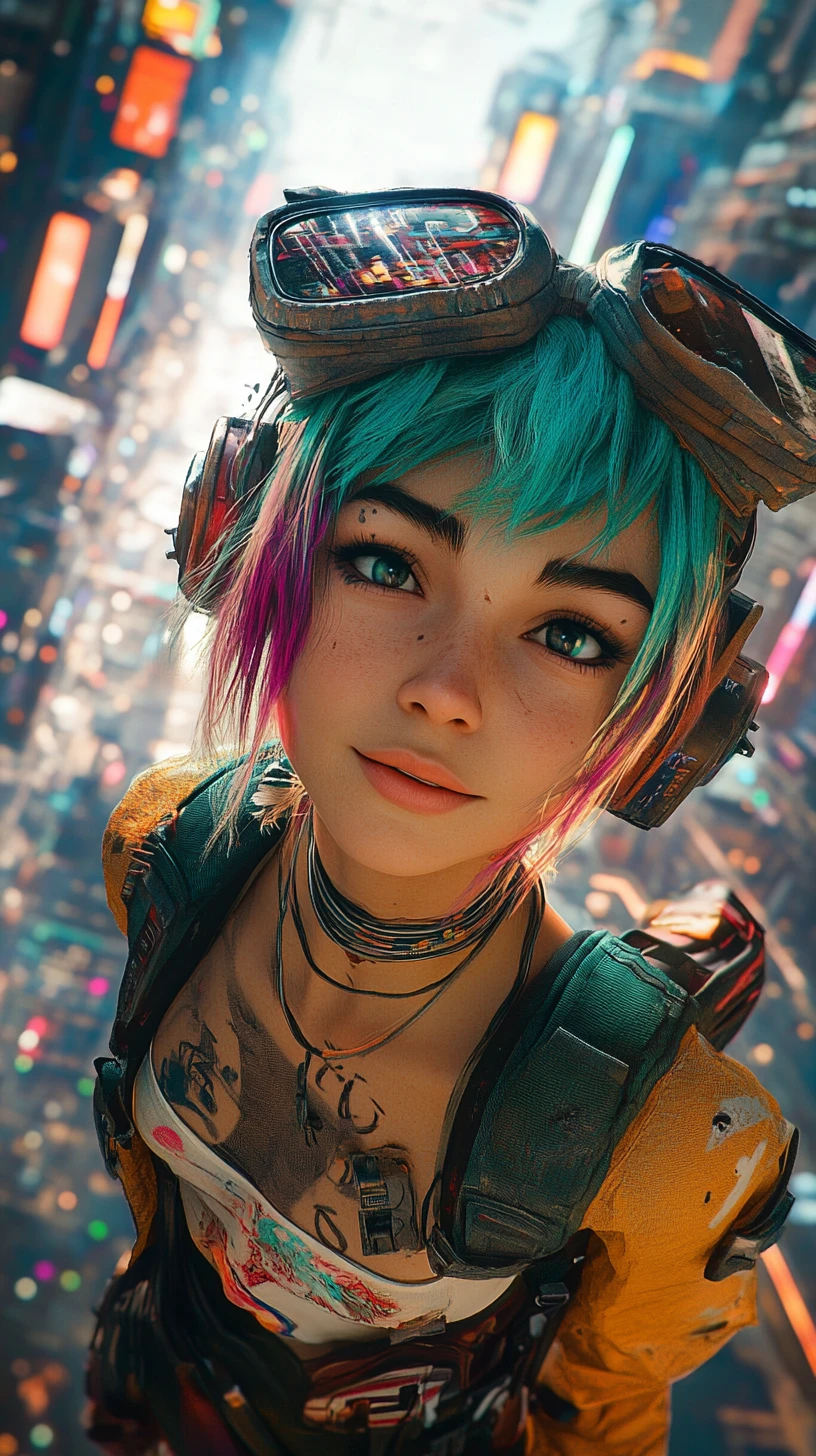 Viajera de anime alegre en primer plano en ciudad futurista