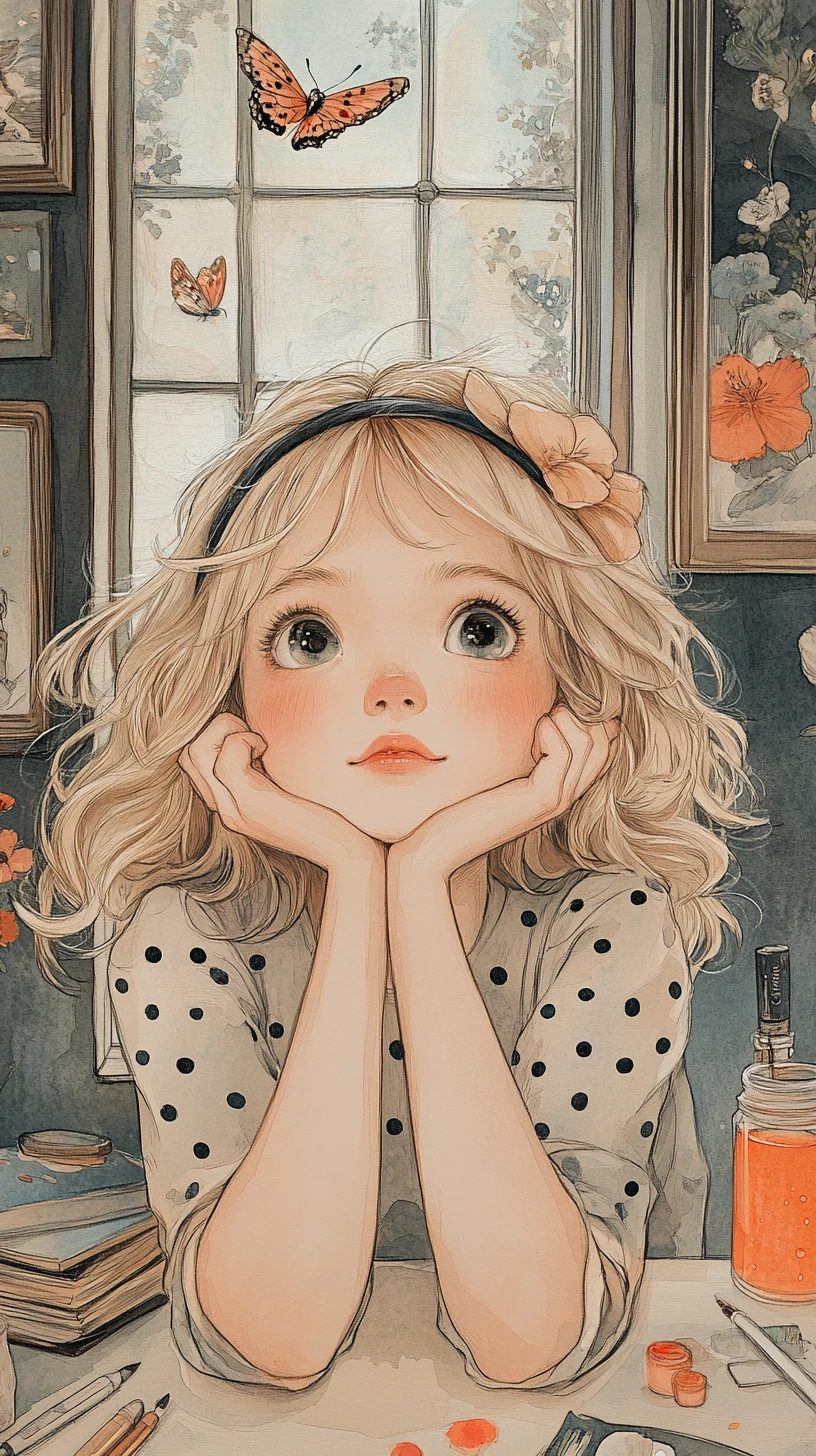 Dreamy blonde girl resting her chin and gazing upward