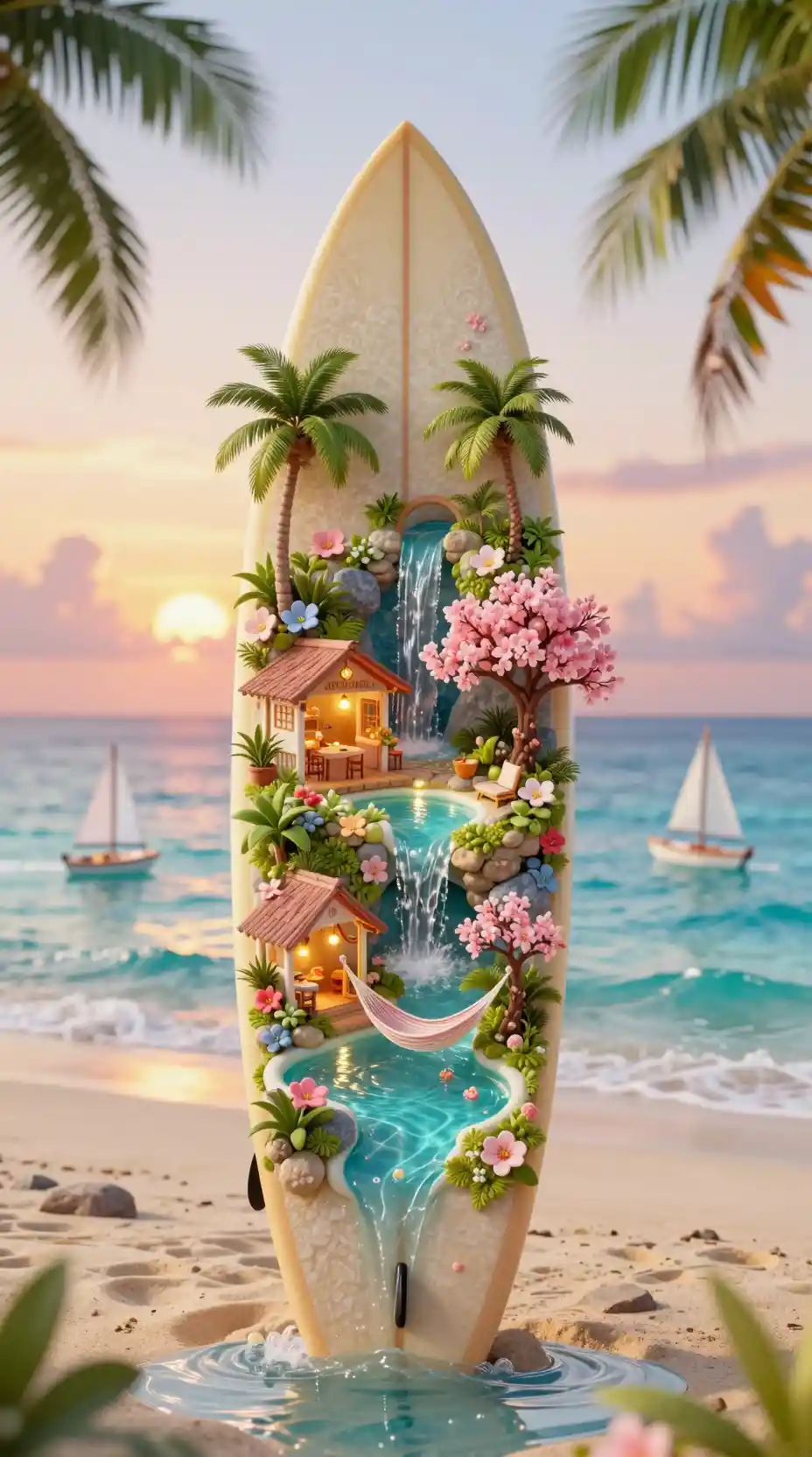 Miniature tropical paradise built on a lonely surfboard