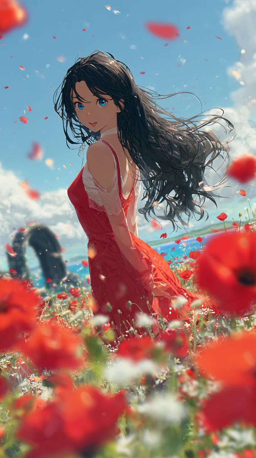 Chica de anime con vestido rojo en un campo de amapolas resplandeciente