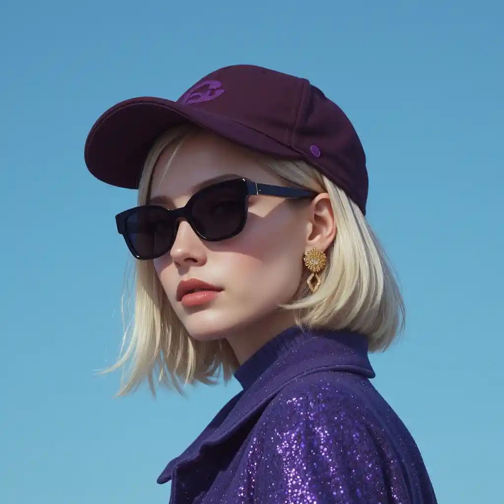 Stylish woman in sunglasses against blue glitter background