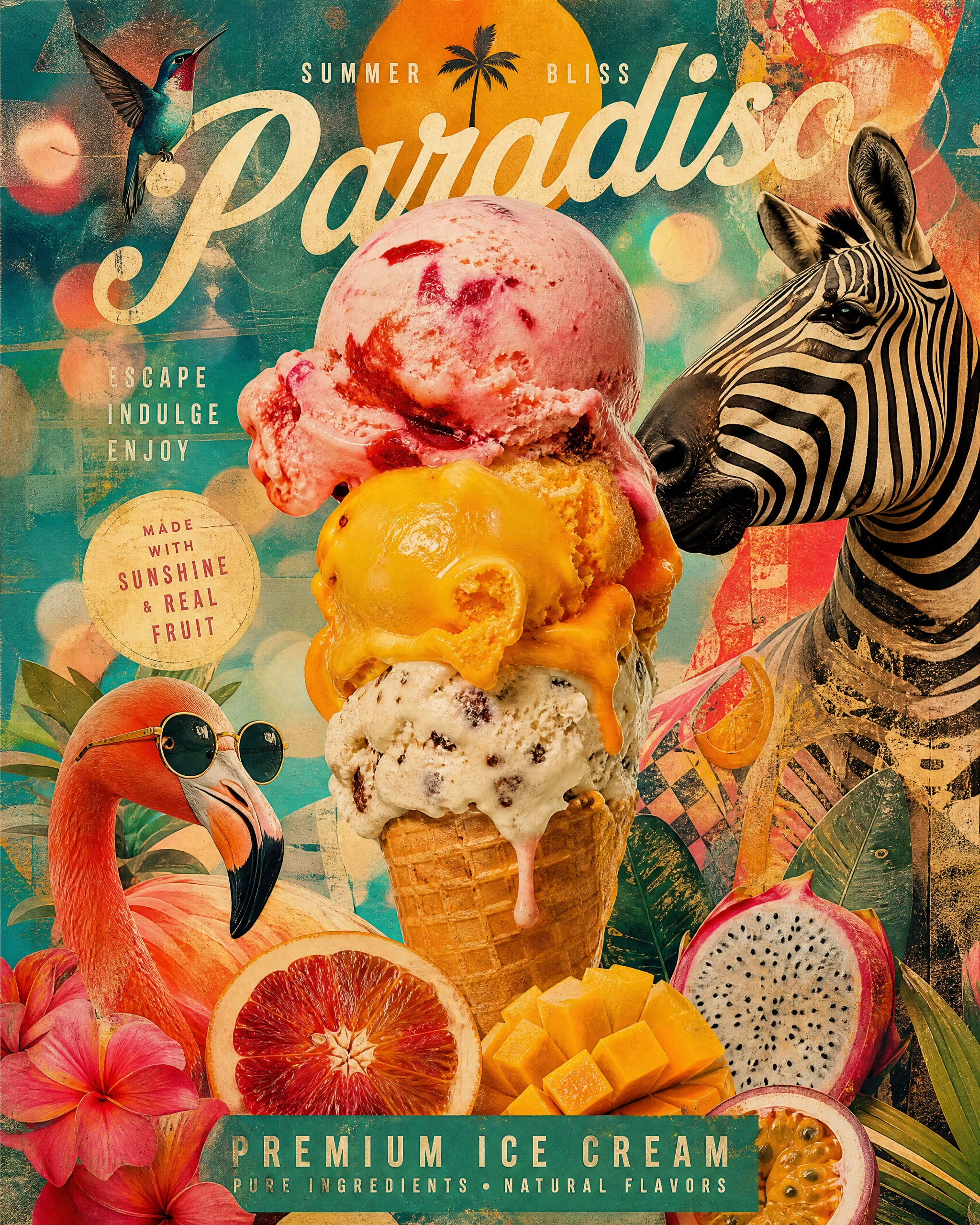 Colorful summer ice cream ad with abstract disco dots background