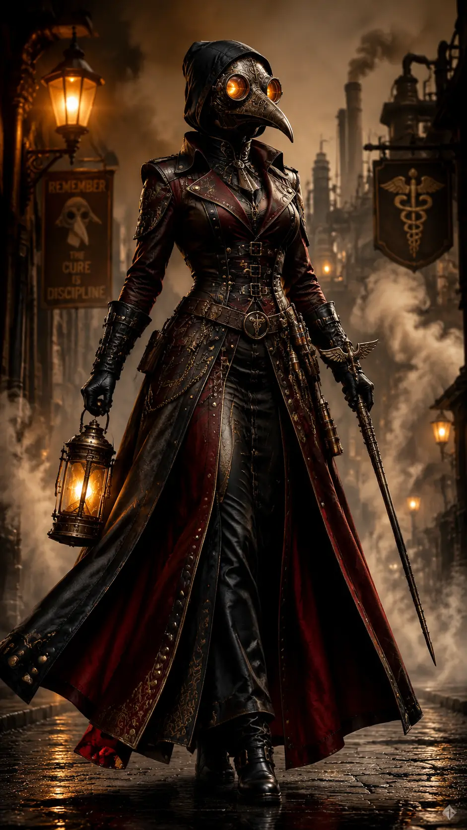 Gothic steampunk plague doctor woman on industrial street