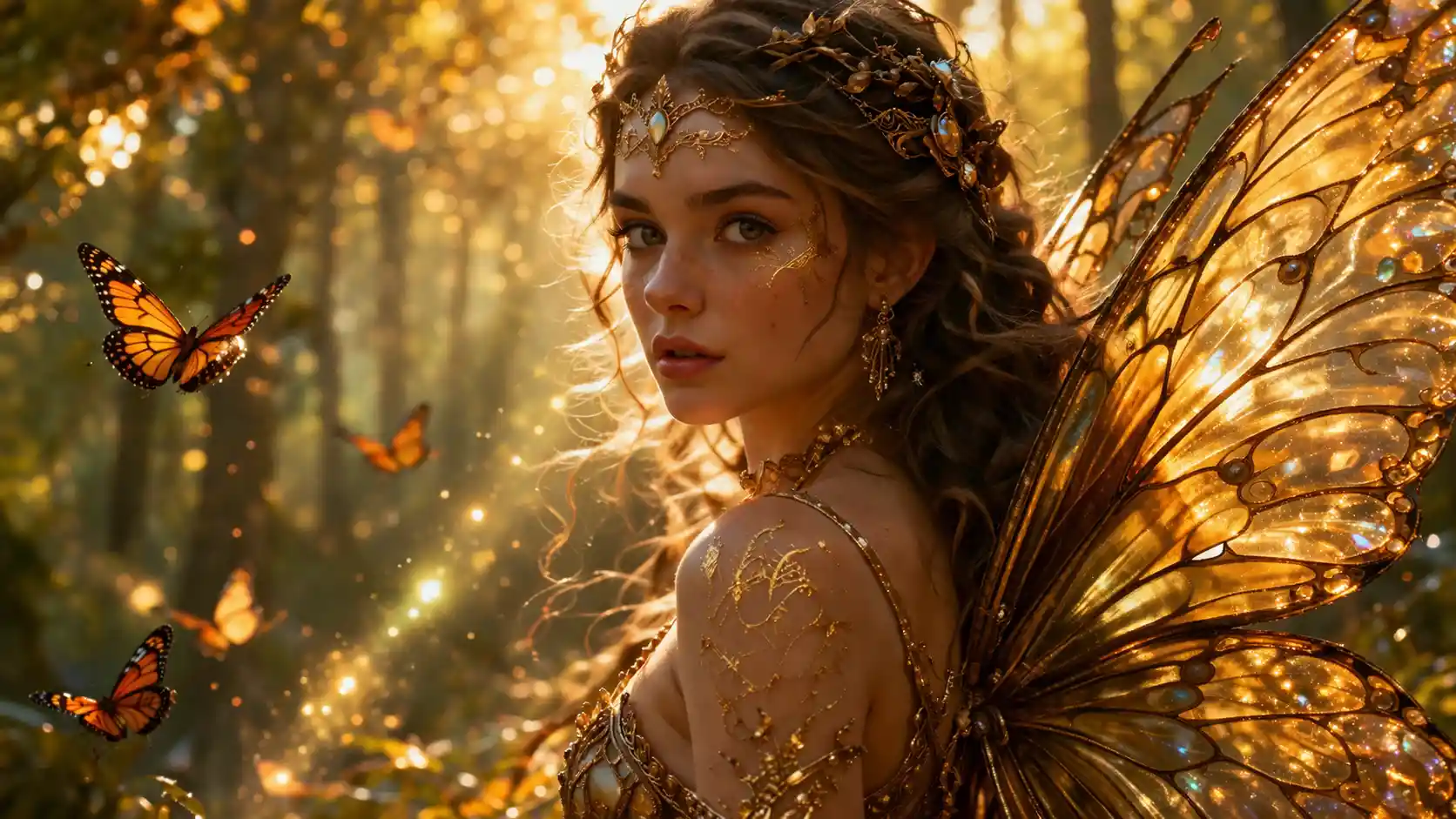 Golden fairy woman in an enchanted forest at sunset