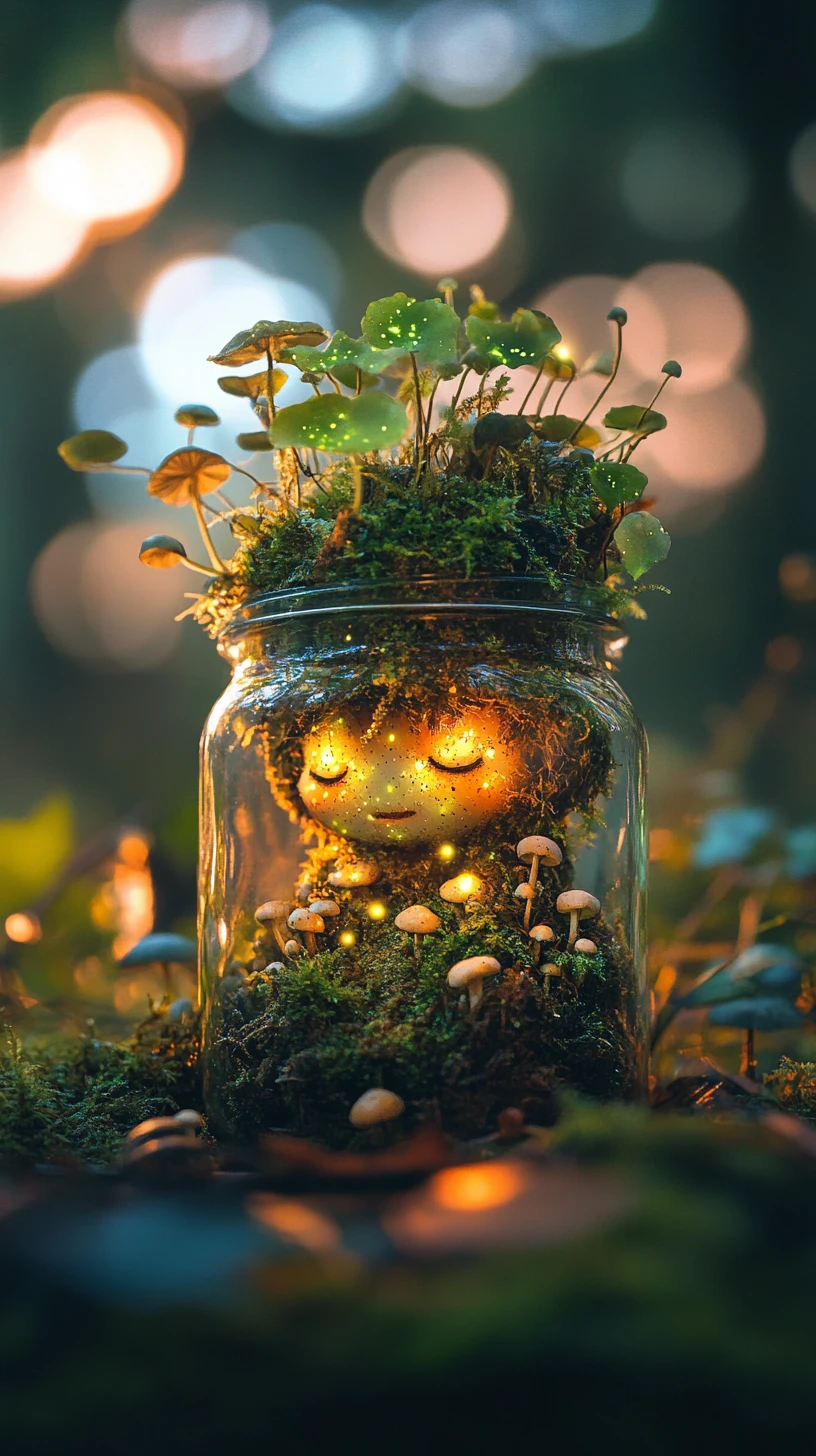 Tiny forest spirit resting inside a glowing glass jar