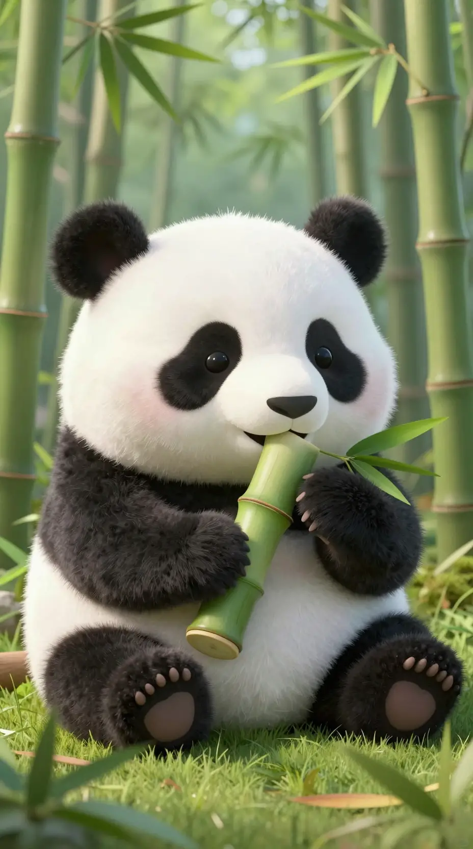 Cute baby panda chewing bamboo in forest illustration