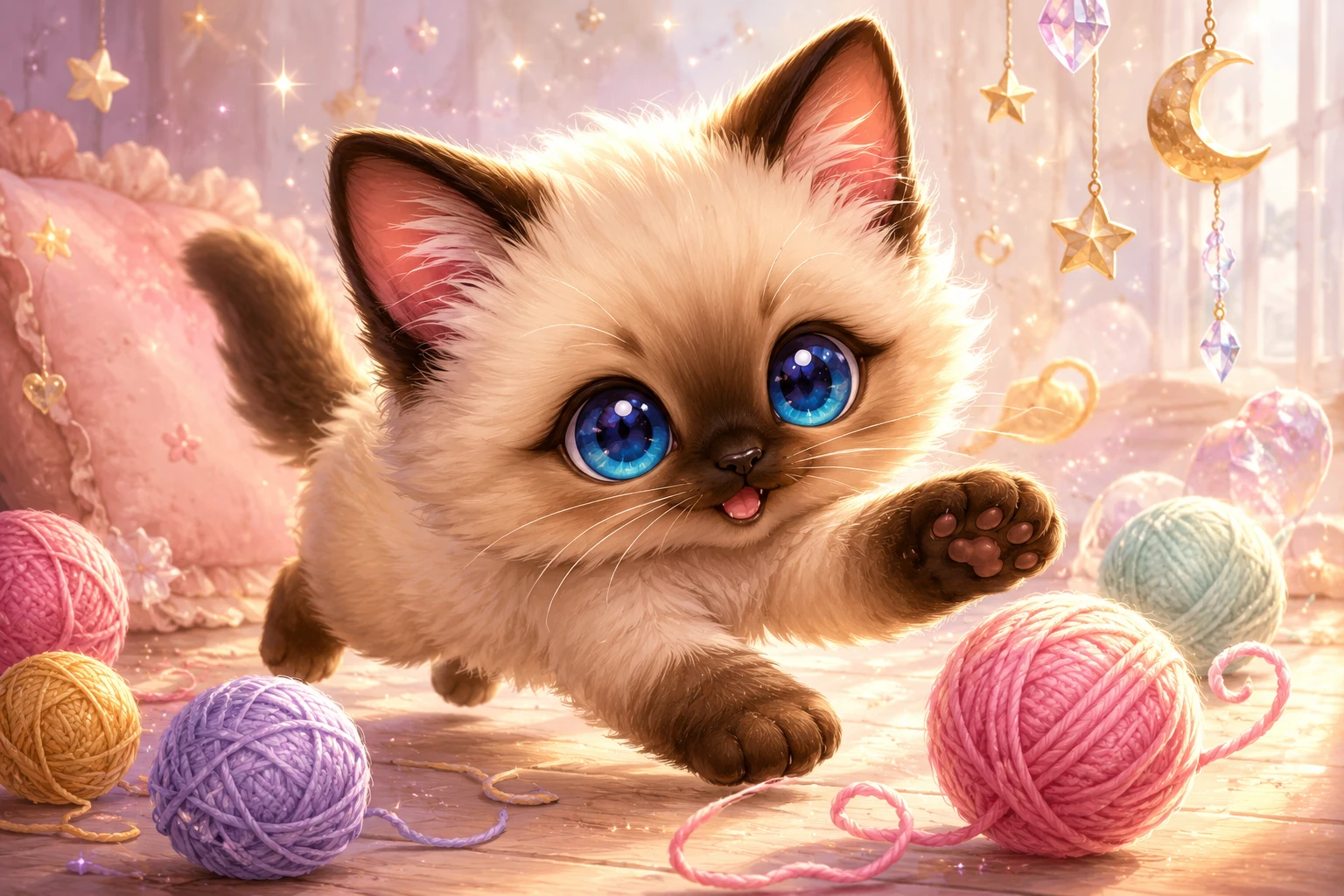 パステル毛糸玉で遊ぶキュートなちびシャム子猫