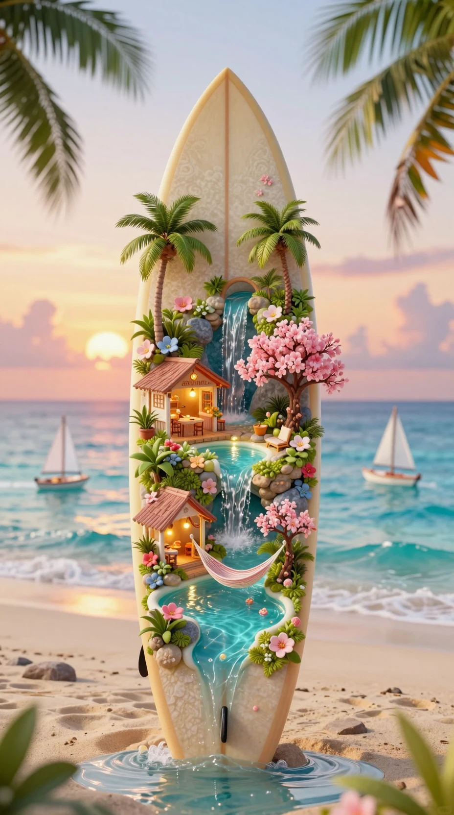 Miniature tropical paradise built on a lonely surfboard